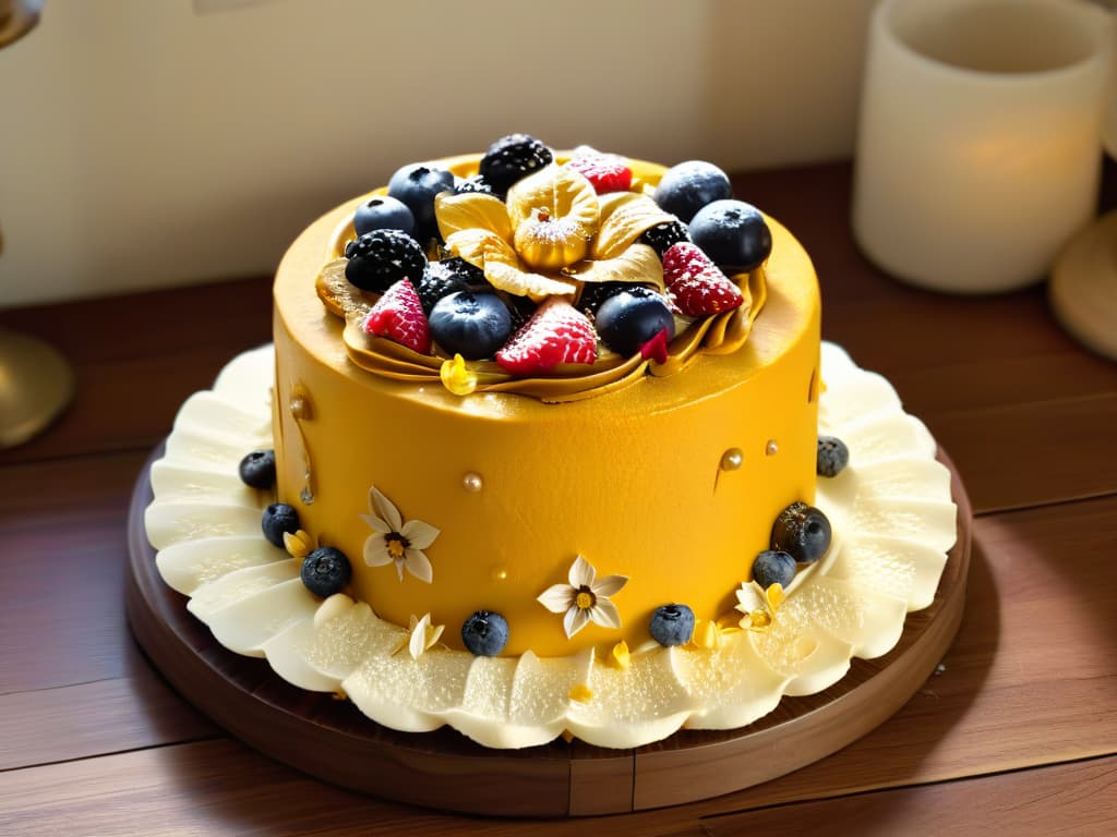  A photorealistic image of a vibrant and intricately decorated turmericinfused cake, adorned with edible gold leaf, fresh berries, and delicate edible flowers, set on a rustic wooden table against a soft, diffused background showcasing the rich hues of the spice and the intricate details of the dessert. hyperrealistic, full body, detailed clothing, highly detailed, cinematic lighting, stunningly beautiful, intricate, sharp focus, f/1. 8, 85mm, (centered image composition), (professionally color graded), ((bright soft diffused light)), volumetric fog, trending on instagram, trending on tumblr, HDR 4K, 8K