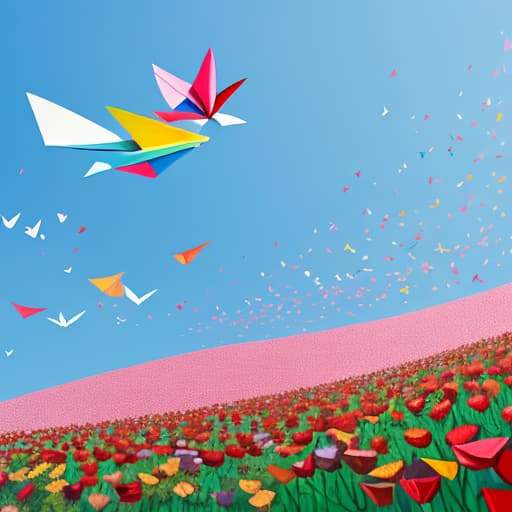  Hand-painted paper planes fly into the flowers,