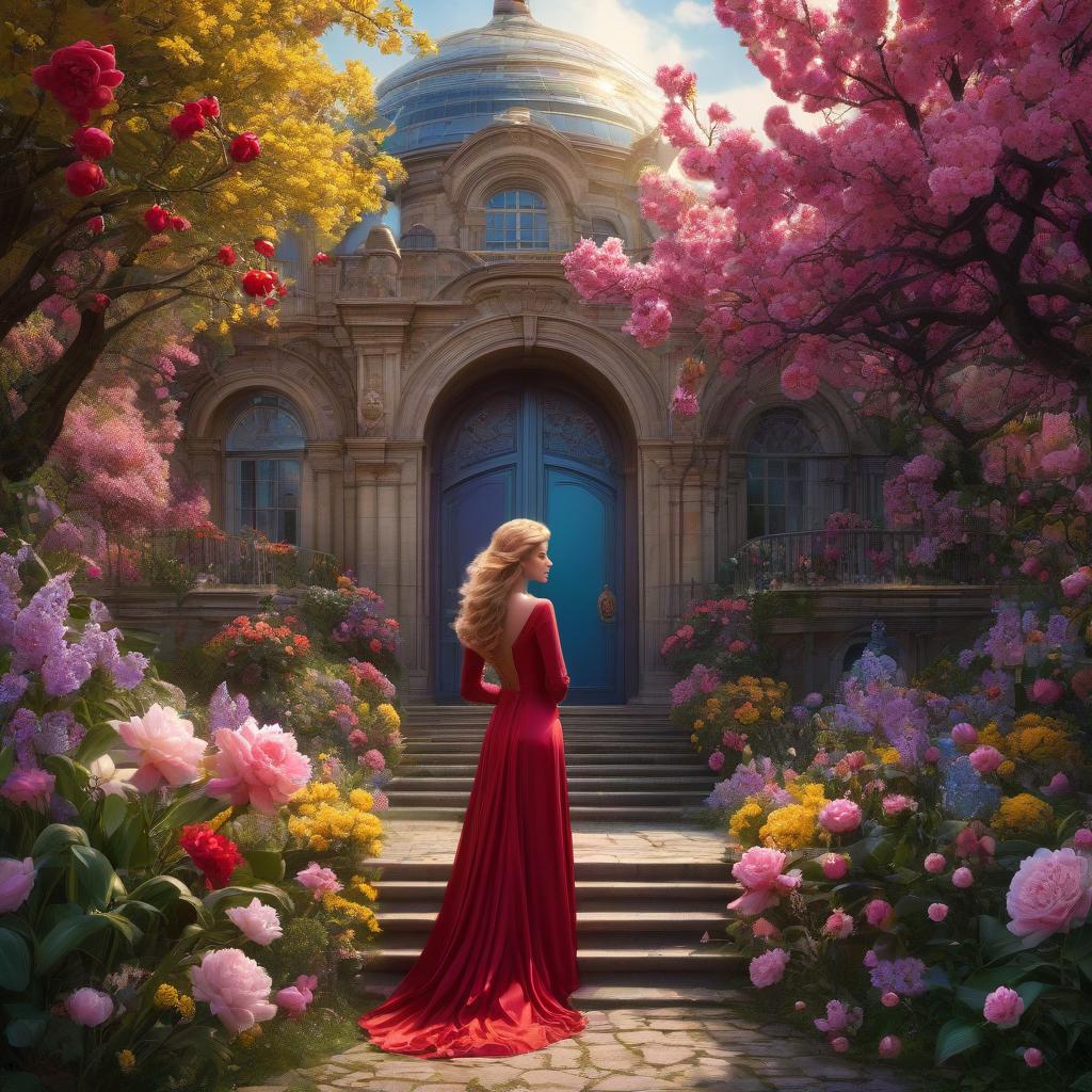  А very beautiful stairway to the sky. . (Sparkling rim)): spring field, hyacinths, roses, rosehips, rose hips, peonies, cherry tree, yellow, red. Surrealist abstractionism. Honoré Fargonard, Alfonso Mucha. The girl in the gold dress. A very pretty girl. Garden of Eden. Rain. Purple silk linen. Topaz, diamonds, quartzite, amber, topaz, emerald. Flying saucer. Space, fantasy. Purple, blue, silver colors. Moon, aliens. There's a castle on the moon. Beautiful red door with branching ornamentation. The door looks like a portal. Fantasy, magic. High elaboration, high realization. The door opens into a beautiful garden. A door without a lock. (Sparkling rim)): spring field, hyacinths, roses, rosehips, rose hips, peonies, cherry tree, yellow, re hyperrealistic, full body, detailed clothing, highly detailed, cinematic lighting, stunningly beautiful, intricate, sharp focus, f/1. 8, 85mm, (centered image composition), (professionally color graded), ((bright soft diffused light)), volumetric fog, trending on instagram, trending on tumblr, HDR 4K, 8K