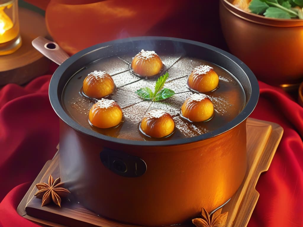  An ultradetailed closeup image of a traditional copper pot simmering with goldenbrown Gulab Jamuns, immersed in a rich syrup, emanating a warm, sweet aroma. The glossy texture of the sweet treats glistens under the soft lighting, showcasing the intricate details and perfect round shapes of the dessert. The background is blurred to emphasize the main subject, creating a minimalistic yet visually striking composition that captures the essence of this beloved Indian dessert. hyperrealistic, full body, detailed clothing, highly detailed, cinematic lighting, stunningly beautiful, intricate, sharp focus, f/1. 8, 85mm, (centered image composition), (professionally color graded), ((bright soft diffused light)), volumetric fog, trending on instagram, trending on tumblr, HDR 4K, 8K