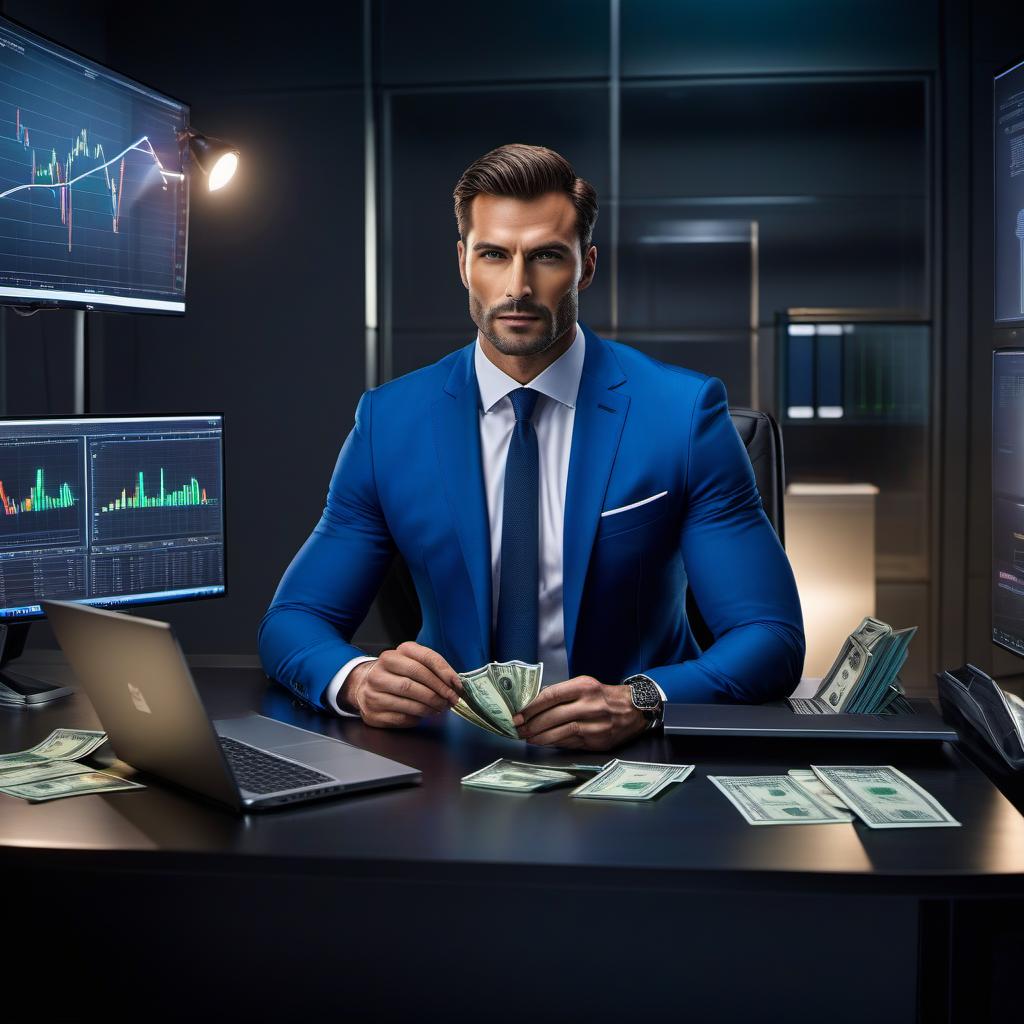  hyperrealistic art Please draw a solid man trader with a laptop in a blue suit. He is sitting in a luxurious office. There are large monitors with graphs around. Next to him is a bundle of money. . extremely high resolution details, photographic, realism pushed to extreme, fine texture, incredibly lifelike hyperrealistic, full body, detailed clothing, highly detailed, cinematic lighting, stunningly beautiful, intricate, sharp focus, f/1. 8, 85mm, (centered image composition), (professionally color graded), ((bright soft diffused light)), volumetric fog, trending on instagram, trending on tumblr, HDR 4K, 8K