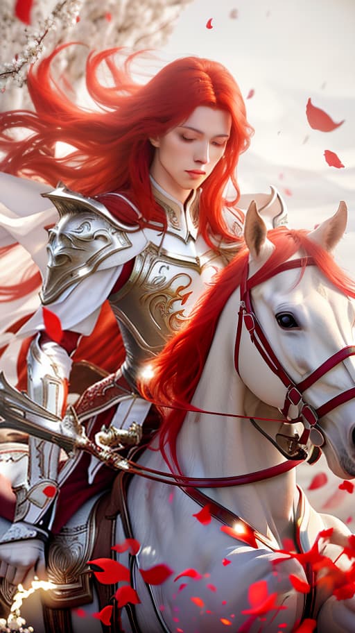  A young, slim man with long, red hair riding a white horse in white armor. Fantasy art. hyperrealistic, full body, detailed clothing, highly detailed, cinematic lighting, stunningly beautiful, intricate, sharp focus, f/1. 8, 85mm, (centered image composition), (professionally color graded), ((bright soft diffused light)), volumetric fog, trending on instagram, trending on tumblr, HDR 4K, 8K