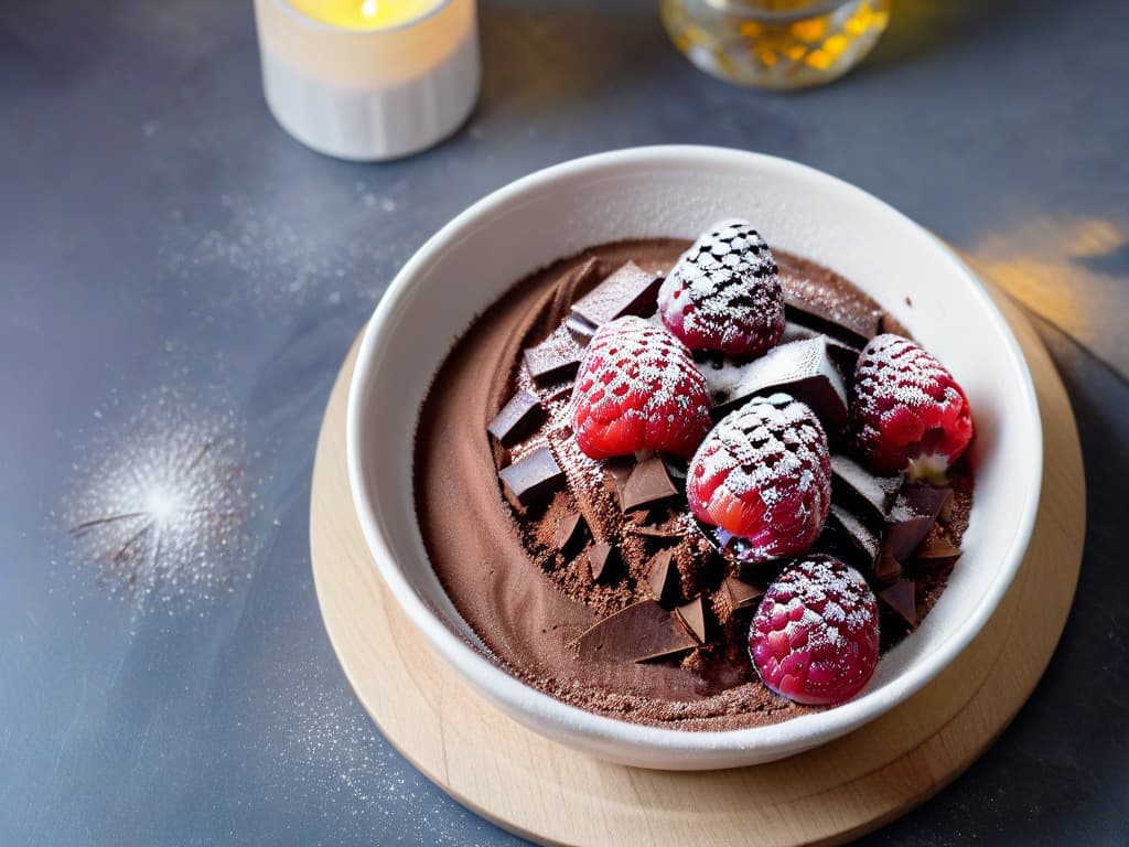  A decadent and perfectly textured vegan chocolate mousse in a pristine white ceramic bowl, topped with fresh raspberries and a dusting of cocoa powder. The mousse is velvety smooth, with a glossy sheen, and the raspberries are vibrant and glistening with freshness. The bowl sits on a marble countertop, with a few scattered cocoa beans and a sprig of fresh mint leaves as garnish. The lighting is soft, with gentle shadows adding depth and dimension to the scene. hyperrealistic, full body, detailed clothing, highly detailed, cinematic lighting, stunningly beautiful, intricate, sharp focus, f/1. 8, 85mm, (centered image composition), (professionally color graded), ((bright soft diffused light)), volumetric fog, trending on instagram, trending on tumblr, HDR 4K, 8K