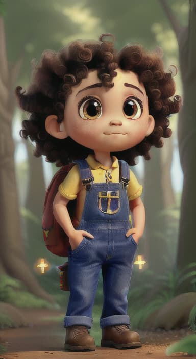  {The tree with a twinkling eye, while its leaves gently rustle., Riley, a curious with big brown eyes and curly hair, wearing overalls and carrying a small backpack. Their friend, Skye, a bluebird with shiny feathers.