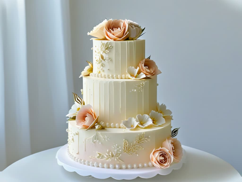  An ultradetailed image of an intricately decorated threetiered wedding cake, adorned with delicate sugar flowers in shades of blush pink, ivory, and gold. Each tier features intricate piping details and shimmering edible pearls, creating a luxurious and elegant look. The background is softly blurred to keep the focus on the exquisite craftsmanship of the cake, showcasing it as the centerpiece of a special event. hyperrealistic, full body, detailed clothing, highly detailed, cinematic lighting, stunningly beautiful, intricate, sharp focus, f/1. 8, 85mm, (centered image composition), (professionally color graded), ((bright soft diffused light)), volumetric fog, trending on instagram, trending on tumblr, HDR 4K, 8K