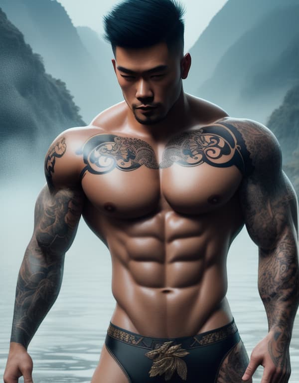  muscle, tattooed Chinese bald boy taking a in river ,  whole dorsal body，chest hair hyperrealistic, full body, detailed clothing, highly detailed, cinematic lighting, stunningly beautiful, intricate, sharp focus, f/1. 8, 85mm, (centered image composition), (professionally color graded), ((bright soft diffused light)), volumetric fog, trending on instagram, trending on tumblr, HDR 4K, 8K