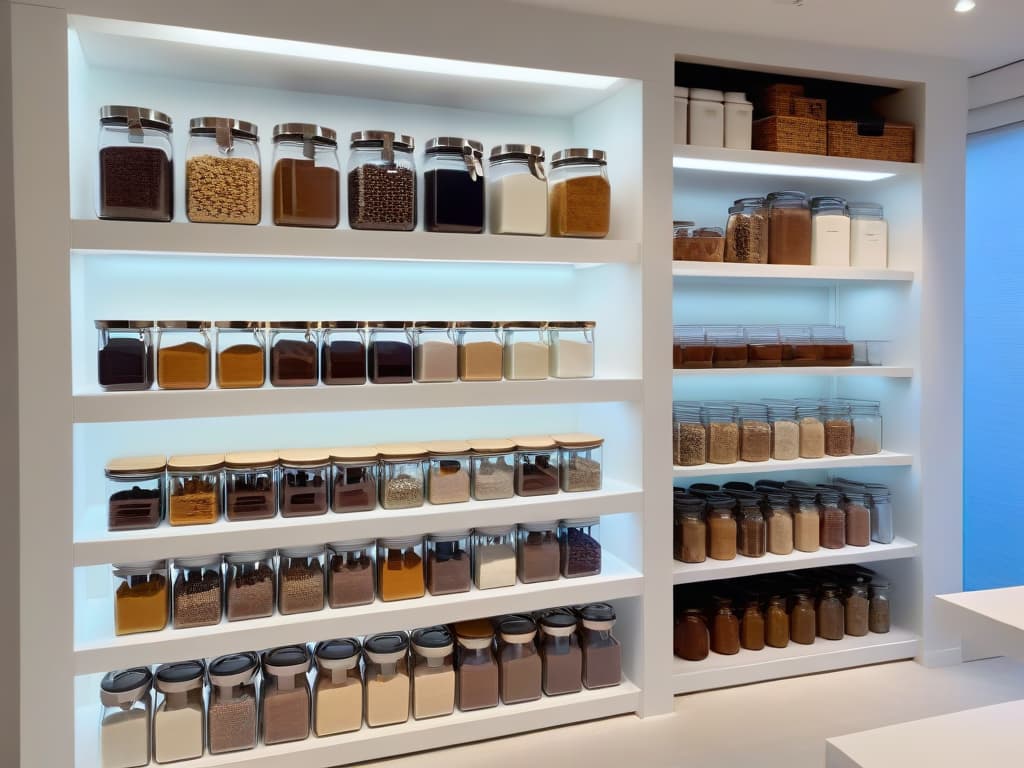  An ultradetailed image of a sleek, modern kitchen pantry filled with neatly organized glass jars and containers of various sizes, each labeled with different baking ingredients like flour, sugar, cocoa powder, and sprinkles. The jars are arranged in perfect alignment on pristine white shelves, creating a visually appealing and organized aesthetic. The soft, natural light filtering through a nearby window casts a gentle glow on the containers, highlighting their clarity and the colorful ingredients within. hyperrealistic, full body, detailed clothing, highly detailed, cinematic lighting, stunningly beautiful, intricate, sharp focus, f/1. 8, 85mm, (centered image composition), (professionally color graded), ((bright soft diffused light)), volumetric fog, trending on instagram, trending on tumblr, HDR 4K, 8K