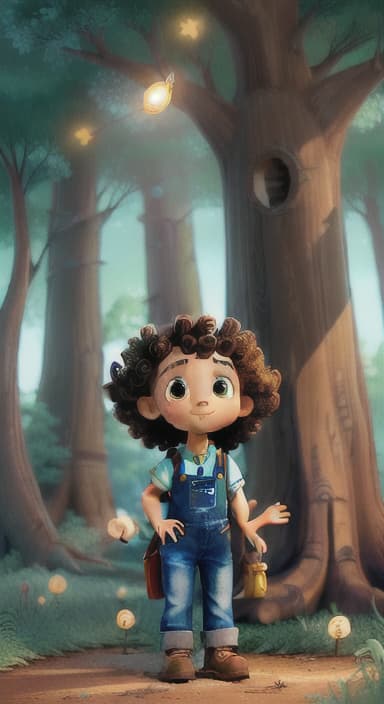  {The tree shining brightly and releasing a gentle, magical light., Riley, a curious with big brown eyes and curly hair, wearing overalls and carrying a small backpack. Their friend, Skye, a bluebird with shiny feathers.