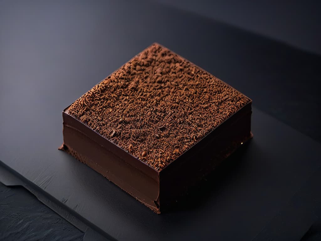  An ultradetailed closeup image of a single square of dark, rich premium chocolate on a sleek, matte black surface. The chocolate square is perfectly cut, displaying a glossy finish and intricate cacao bean pattern embossed on the top. Light delicately reflects off the edges, highlighting the luxurious texture and quality of the treat. hyperrealistic, full body, detailed clothing, highly detailed, cinematic lighting, stunningly beautiful, intricate, sharp focus, f/1. 8, 85mm, (centered image composition), (professionally color graded), ((bright soft diffused light)), volumetric fog, trending on instagram, trending on tumblr, HDR 4K, 8K