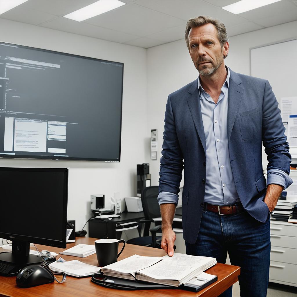  Anime pixar style of Dr. Gregory House from the TV series 'House M.D.'. The character resembles actor Hugh Laurie, with his signature stubble, piercing blue eyes, and slightly disheveled hair. He is wearing his usual outfit: a wrinkled blazer, a graphic t shirt underneath, and jeans. The scene is set in his office, with a cluttered desk, medical equipment, and the iconic whiteboard with medical notes in the background. Dr. House is holding a cane and has a thoughtful, yet slightly cynical expression on his face. hyperrealistic, full body, detailed clothing, highly detailed, cinematic lighting, stunningly beautiful, intricate, sharp focus, f/1. 8, 85mm, (centered image composition), (professionally color graded), ((bright soft diffused light)), volumetric fog, trending on instagram, trending on tumblr, HDR 4K, 8K