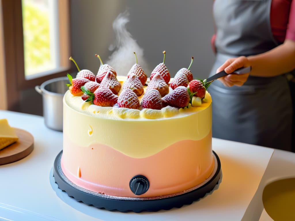  A closeup, ultradetailed image of a handcranked vintage gelato maker churning a creamy mixture of fresh, ripe strawberries and rich, velvety vanilla bean custard. The stainless steel barrel catches the sunlight, casting a mesmerizing array of reflections, while droplets of condensation glisten on the sides. The vibrant pink hue of the strawberries swirls elegantly into the pale yellow of the custard, creating a visually stunning and appetizing contrast. The motion blur of the swirling mixture adds a dynamic element to the otherwise serene image, evoking a sense of tradition, craftsmanship, and indulgence. hyperrealistic, full body, detailed clothing, highly detailed, cinematic lighting, stunningly beautiful, intricate, sharp focus, f/1. 8, 85mm, (centered image composition), (professionally color graded), ((bright soft diffused light)), volumetric fog, trending on instagram, trending on tumblr, HDR 4K, 8K