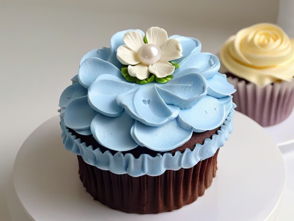  An ultradetailed closeup image of a beautifully decorated glutenfree cupcake, featuring intricate piping work with vibrant colors on a pristine white background. The cupcake is adorned with delicate fondant flowers and shimmering edible pearls, showcasing the artistry and precision involved in glutenfree baking. Each petal and swirl of frosting is impeccably defined, highlighting the skill and creativity required in specialized glutenfree pastry techniques. hyperrealistic, full body, detailed clothing, highly detailed, cinematic lighting, stunningly beautiful, intricate, sharp focus, f/1. 8, 85mm, (centered image composition), (professionally color graded), ((bright soft diffused light)), volumetric fog, trending on instagram, trending on tumblr, HDR 4K, 8K