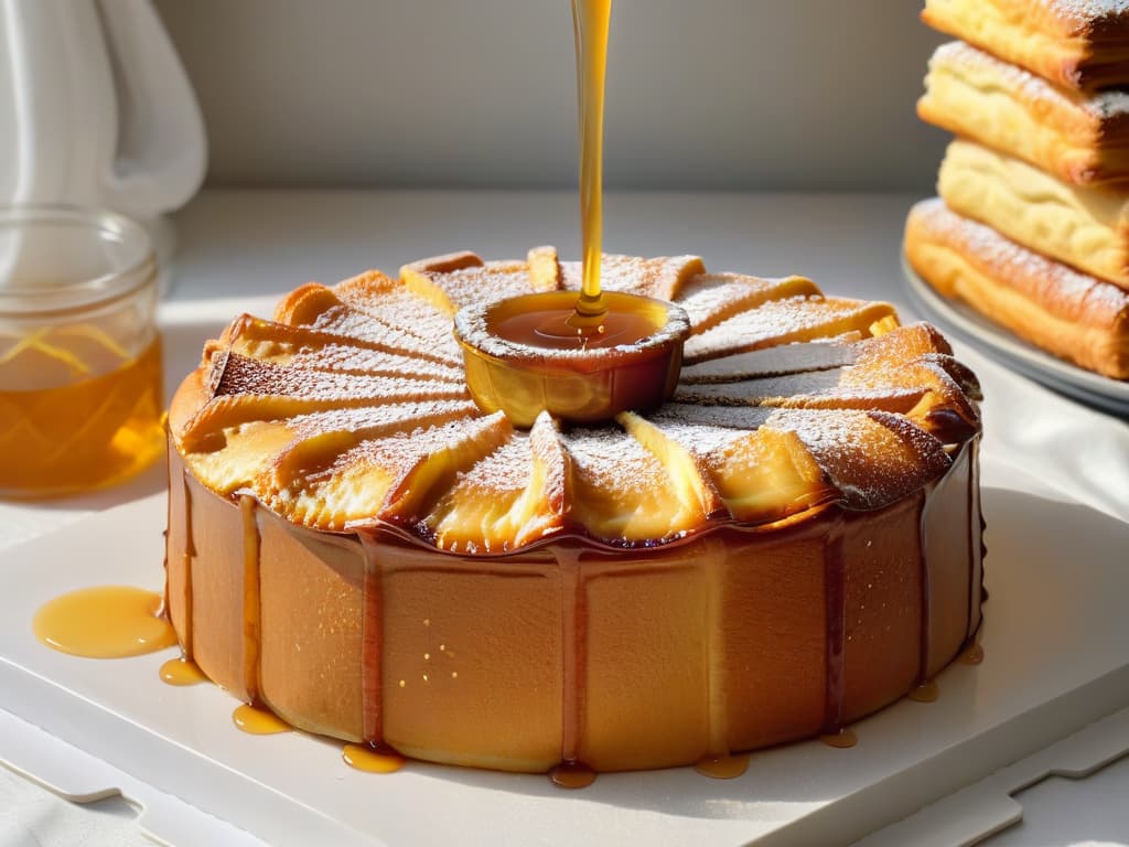  A closeup, ultradetailed image of a golden honey drizzle cascading slowly over a stack of freshly baked flaky pastries, highlighting the glistening texture of the honey and the delicate layers of the pastries. The honey forms intricate patterns as it pools and trickles down the sides of the pastries, capturing the essence of sweetness and warmth in a visually captivating and minimalistic composition. hyperrealistic, full body, detailed clothing, highly detailed, cinematic lighting, stunningly beautiful, intricate, sharp focus, f/1. 8, 85mm, (centered image composition), (professionally color graded), ((bright soft diffused light)), volumetric fog, trending on instagram, trending on tumblr, HDR 4K, 8K