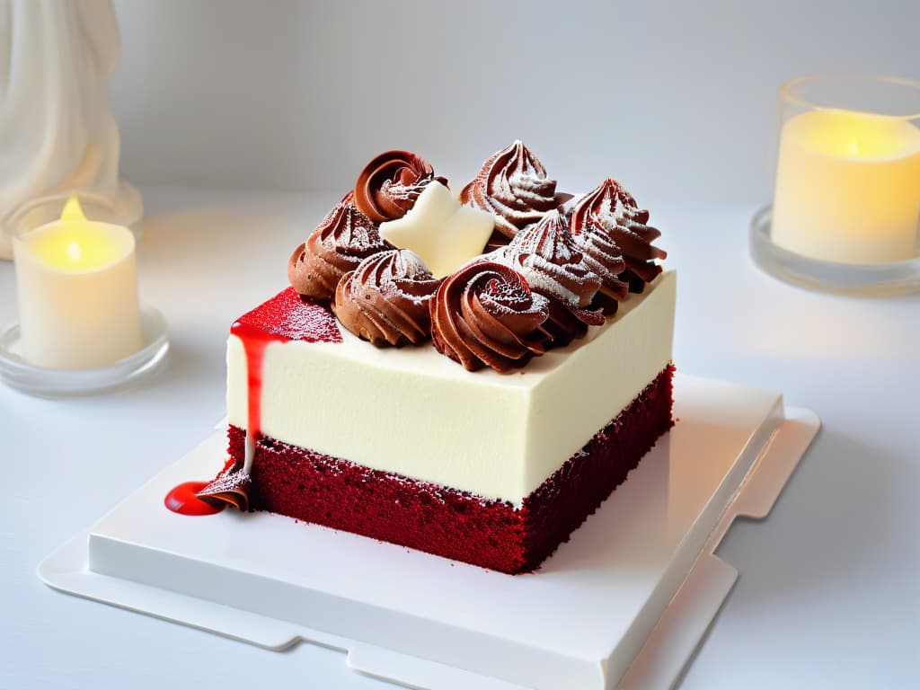  A closeup, ultradetailed image of a vibrant red velvet cake slice topped with a delicate swirl of cream cheese frosting, showcasing the moist, velvety texture of the cake and the smooth, creamy consistency of the frosting. The cake rests on a pristine white plate, with a few scattered crumbs adding a touch of authenticity to the scene. The lighting is soft and slightly diffused, enhancing the rich red hue of the cake and creating a visually striking contrast with the white backdrop. This image captures the essence of a perfect red velvet cake, inviting viewers to indulge in its decadent allure. hyperrealistic, full body, detailed clothing, highly detailed, cinematic lighting, stunningly beautiful, intricate, sharp focus, f/1. 8, 85mm, (centered image composition), (professionally color graded), ((bright soft diffused light)), volumetric fog, trending on instagram, trending on tumblr, HDR 4K, 8K