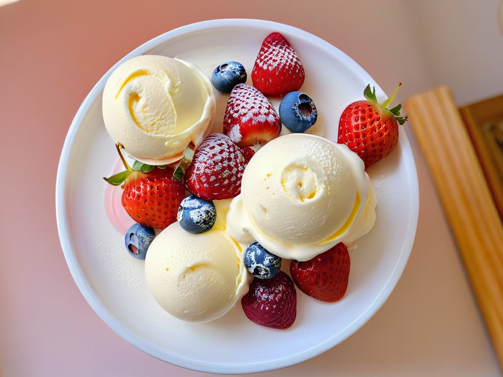  An ultradetailed image of a scoop of creamy vanilla ice cream topped with a vibrant mix of fresh red berries like strawberries, raspberries, and blueberries, glistening under soft natural light. The ice cream is perfectly round and smooth, exuding a rich vanilla aroma, while the berries look plump and inviting, with tiny droplets of water sprinkled on them, indicating freshness. The colors are vivid and true to life, showcasing the contrast between the pale creaminess of the ice cream and the deep red hues of the berries. The image conveys a sense of freshness, indulgence, and the perfect blend of flavors, inviting the viewer to savor the delicious combination of vanilla and red fruits. hyperrealistic, full body, detailed clothing, highly detailed, cinematic lighting, stunningly beautiful, intricate, sharp focus, f/1. 8, 85mm, (centered image composition), (professionally color graded), ((bright soft diffused light)), volumetric fog, trending on instagram, trending on tumblr, HDR 4K, 8K