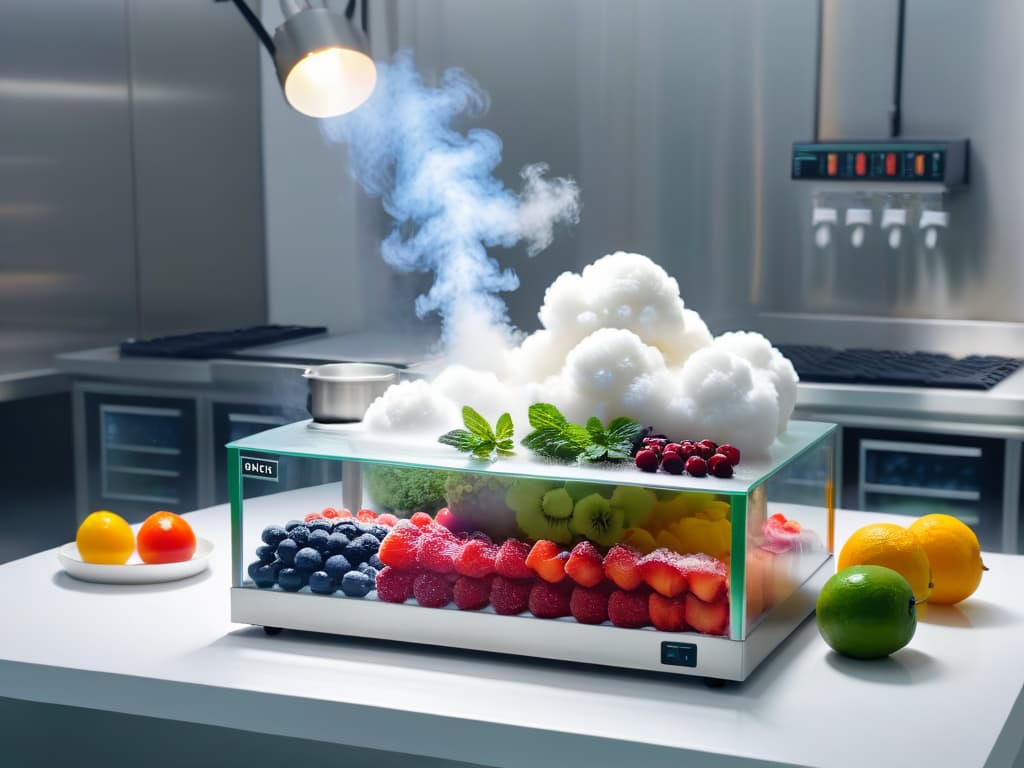  An ultradetailed 8k image of a sleek, modern laboratory setup showcasing a stainless steel container filled with billowing clouds of nitrogen gas, surrounded by a variety of colorful frozen fruit purees, fresh herbs, and gourmet toppings neatly arranged on a minimalist white countertop. The scene exudes a sense of precision and innovation, with subtle backlighting enhancing the futuristic aesthetic. hyperrealistic, full body, detailed clothing, highly detailed, cinematic lighting, stunningly beautiful, intricate, sharp focus, f/1. 8, 85mm, (centered image composition), (professionally color graded), ((bright soft diffused light)), volumetric fog, trending on instagram, trending on tumblr, HDR 4K, 8K