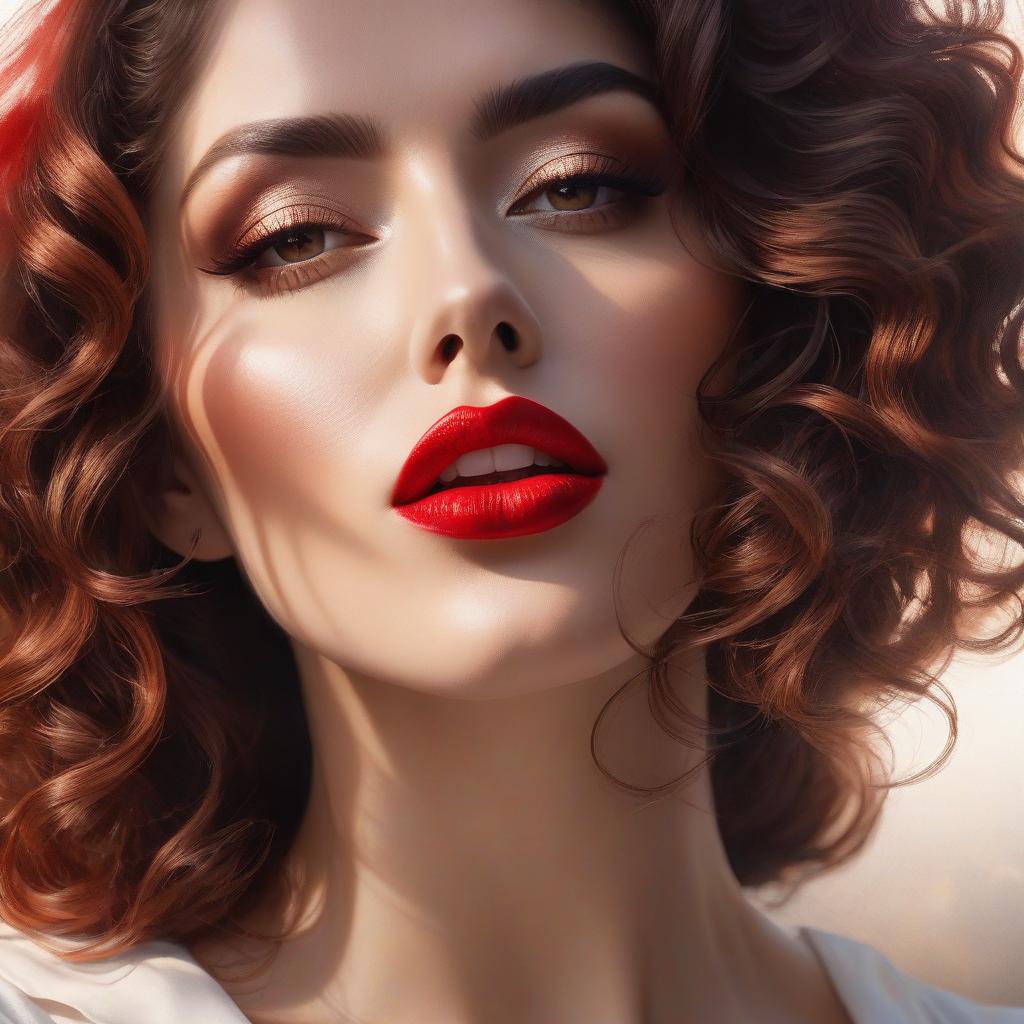  woman light makeup with red lipstick, curly brown hair of medium length, delicate sensuality, high detail, realistic, contrast , backlight , glow effect , volumetric watercolor hyperrealistic, full body, detailed clothing, highly detailed, cinematic lighting, stunningly beautiful, intricate, sharp focus, f/1. 8, 85mm, (centered image composition), (professionally color graded), ((bright soft diffused light)), volumetric fog, trending on instagram, trending on tumblr, HDR 4K, 8K