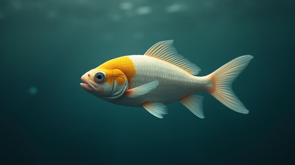  good quality, high quality, a fish with a yellow spot on its head is swimming in the water.