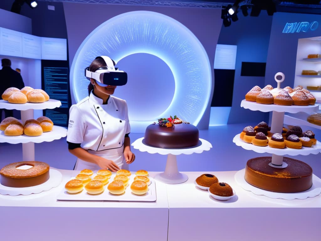  An ultradetailed image showcasing a futuristic virtual reality bakery environment, where expert and novice bakers engage in immersive virtual baking courses. The scene includes sleek, minimalistic design elements, advanced VR headsets worn by diverse participants, holographic baking tools hovering midair, and a digital display showing intricate dessert recipes. The ambiance is a blend of hightech innovation and cozy bakery warmth, symbolizing the seamless integration of traditional baking techniques with cuttingedge virtual reality technology. hyperrealistic, full body, detailed clothing, highly detailed, cinematic lighting, stunningly beautiful, intricate, sharp focus, f/1. 8, 85mm, (centered image composition), (professionally color graded), ((bright soft diffused light)), volumetric fog, trending on instagram, trending on tumblr, HDR 4K, 8K