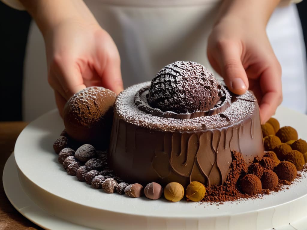  A highresolution closeup image of hands rolling small spheres of truffle mixture in cocoa powder, showcasing the intricate process of transforming leftover cake crumbs into delectable and luxurious truffles. The hands are impeccably manicured, highlighting the precision and care involved in creating these decadent treats. The cocoa powder dusts the air delicately, adding a touch of elegance and artistry to the composition. The lighting is soft and diffused, casting gentle shadows that enhance the texture and shape of the truffles. hyperrealistic, full body, detailed clothing, highly detailed, cinematic lighting, stunningly beautiful, intricate, sharp focus, f/1. 8, 85mm, (centered image composition), (professionally color graded), ((bright soft diffused light)), volumetric fog, trending on instagram, trending on tumblr, HDR 4K, 8K