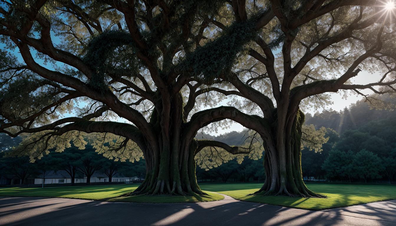  cinematic, aesthetic, Tree with deep roots and sprawling branches, detailed bark and leaves, roots intertwined with heart shapes, branches crisscrossing to form a protective canopy, growth, nurturing, core values, 4k, HDR, lens flare