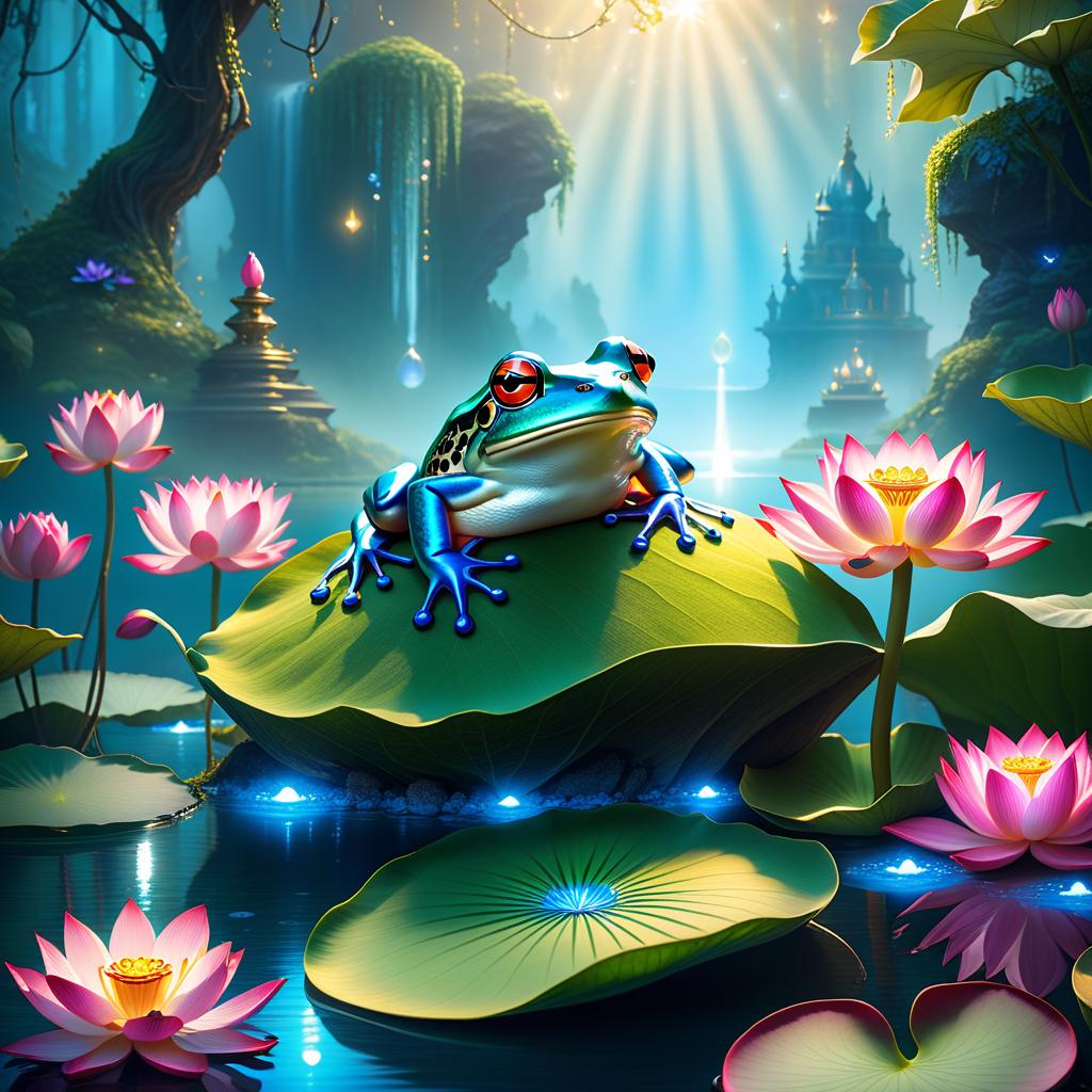  ethereal fantasy concept art of (Background): a lake with blooming lotuses of different shades: from white pink to bright crimson and leaves of tender green colour. The sky above the lake of dark blue colour with golden stars scattered on it. (Fantasy Princess Frog): in the centre of the lake on the biggest lotus flower sits a charming frog in a golden crown decorated with blue and blue precious stones. In his paws he holds a ring decorated with blue stones. Style: fantasy, Russian fairy tales, illustrations. . magnificent, celestial, ethereal, painterly, epic, majestic, magical, fantasy art, cover art, dreamy hyperrealistic, full body, detailed clothing, highly detailed, cinematic lighting, stunningly beautiful, intricate, sharp focus, f/1. 8, 85mm, (centered image composition), (professionally color graded), ((bright soft diffused light)), volumetric fog, trending on instagram, trending on tumblr, HDR 4K, 8K