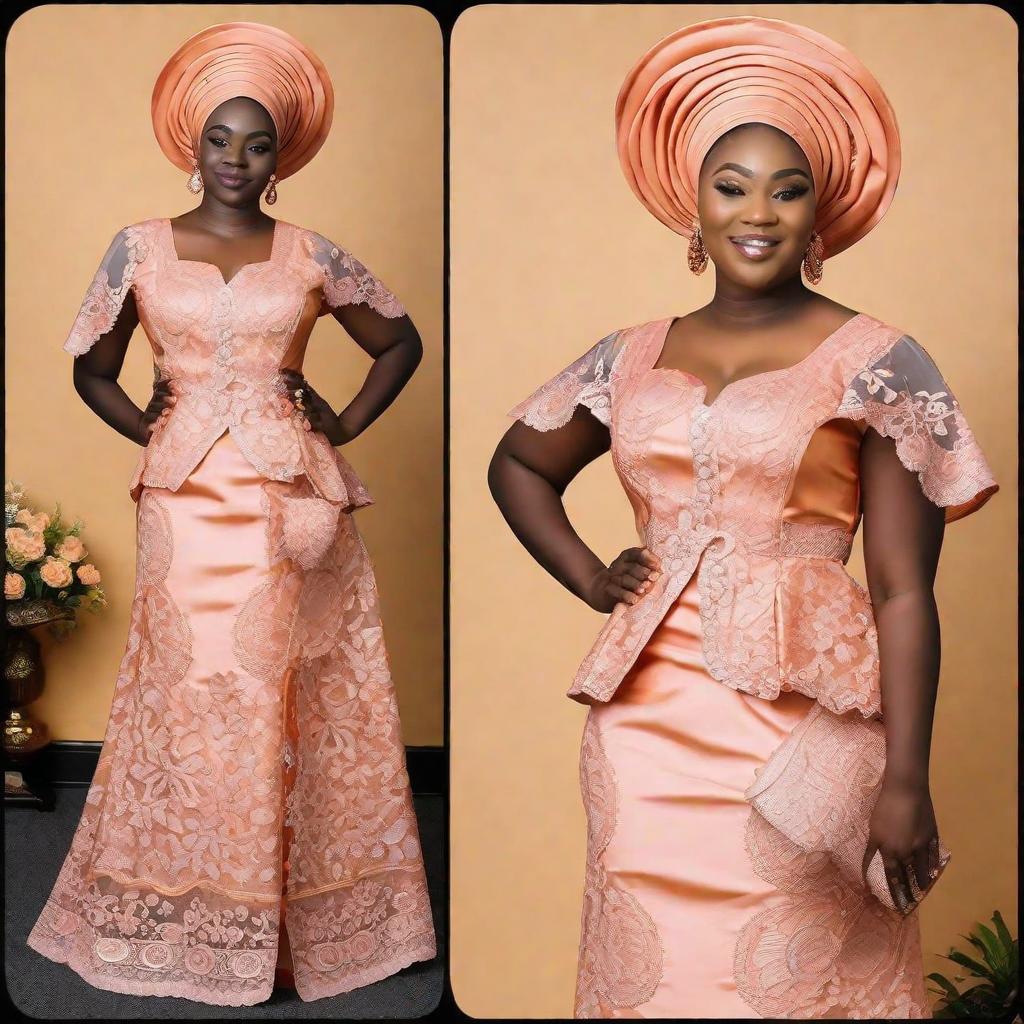  masterpiece, best quality,traditional nigerian dress with short sleeves and lace shawl. lace shawl is a dark amber orange. dress is a smokey pink color. the bodice has a deep plunge and dark amber orange accents. ,