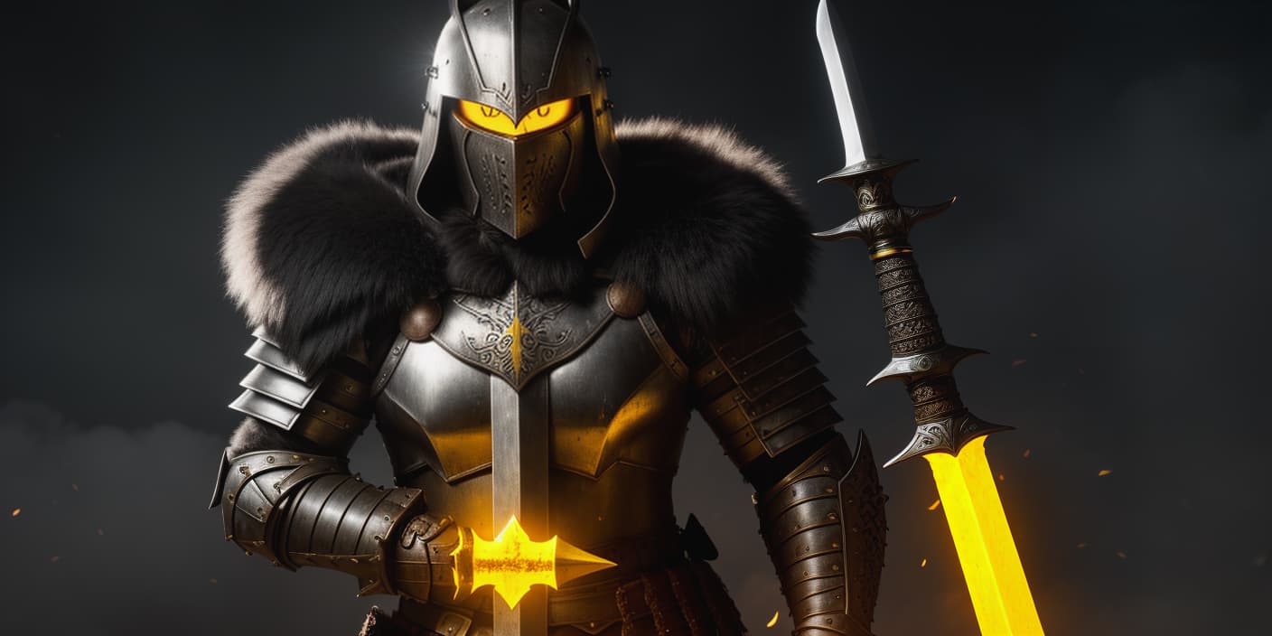  a barbarian wearing full armor with glowing yellow eyes holding a broad sword, hi res, dark fantasy