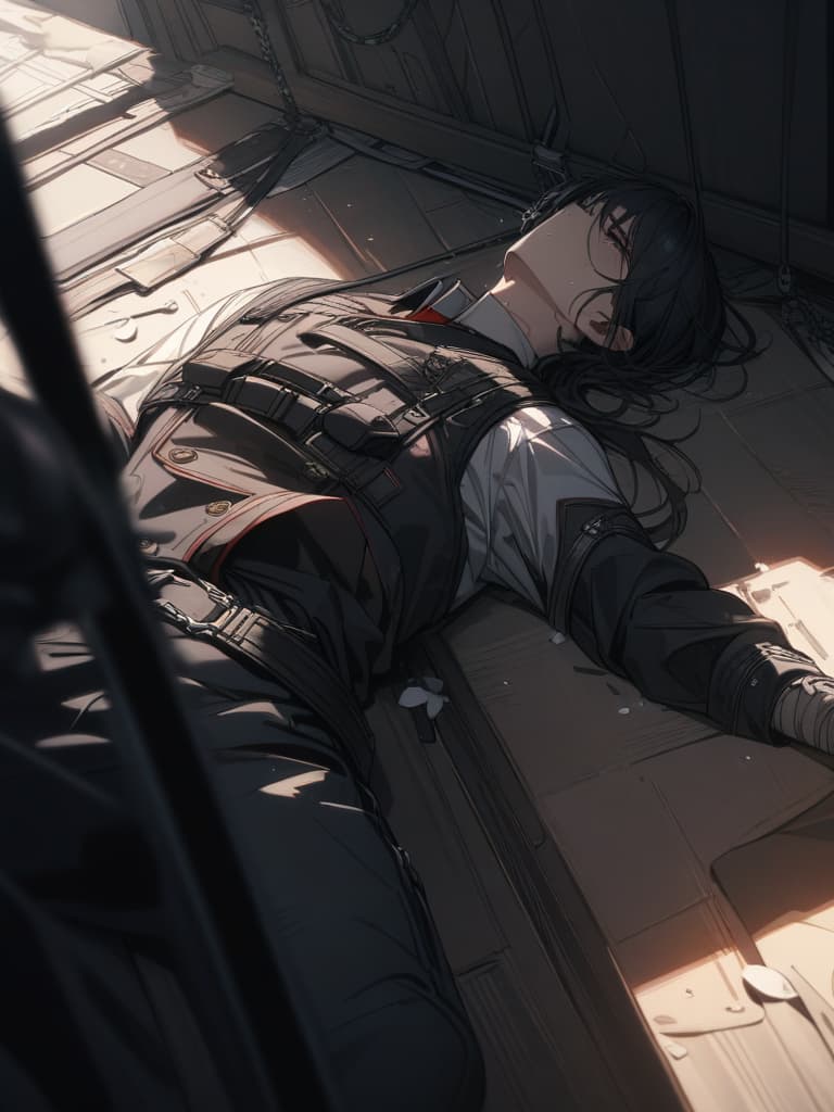  Black hair, short hair, man, angry, uniform, restraint, lying down, crying, masterpiece, best quality,8k,ultra detailed,high resolution,an extremely delicate and beautiful,hyper detail