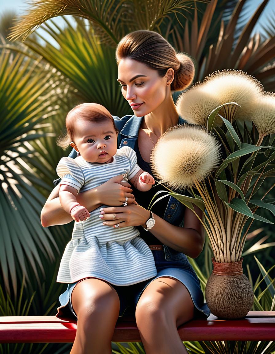  hyperrealistic art A girl is rocking a baby in her arms, sitting by a palmarosa bush of the genus Cymbopogon on a bench and looking tenderly at the baby . extremely high resolution details, photographic, realism pushed to extreme, fine texture, incredibly lifelike hyperrealistic, full body, detailed clothing, highly detailed, cinematic lighting, stunningly beautiful, intricate, sharp focus, f/1. 8, 85mm, (centered image composition), (professionally color graded), ((bright soft diffused light)), volumetric fog, trending on instagram, trending on tumblr, HDR 4K, 8K