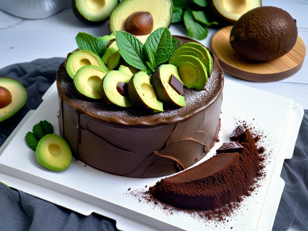  An ultradetailed image of a decadent vegan chocolate avocado cake, adorned with slices of ripe avocado and a dusting of cocoa powder on a sleek white marble platter. The cake is perfectly moist and rich, showcasing layers of dark chocolate ganache and fluffy avocado frosting, with a scattering of fresh mint leaves for a pop of color. The play of light and shadows highlights the velvety texture of the cake, inviting the viewer to indulge in its luxurious yet wholesome flavors. hyperrealistic, full body, detailed clothing, highly detailed, cinematic lighting, stunningly beautiful, intricate, sharp focus, f/1. 8, 85mm, (centered image composition), (professionally color graded), ((bright soft diffused light)), volumetric fog, trending on instagram, trending on tumblr, HDR 4K, 8K