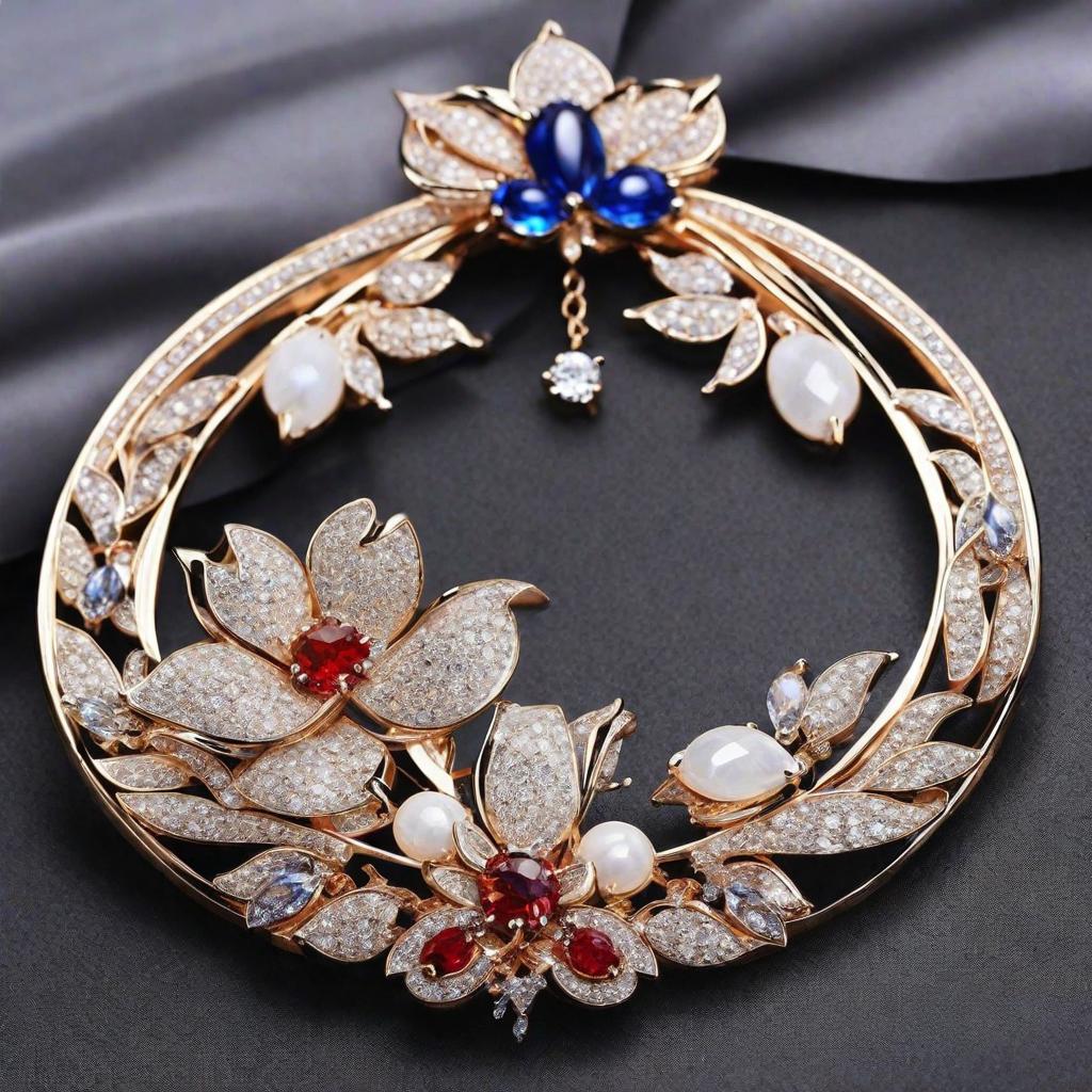  masterpiece, best quality, exaggerated art jewelry, diamonds set in 18 carat white gold, mortise and tenon, women's wear, new Chinese style brooch, large banquet style