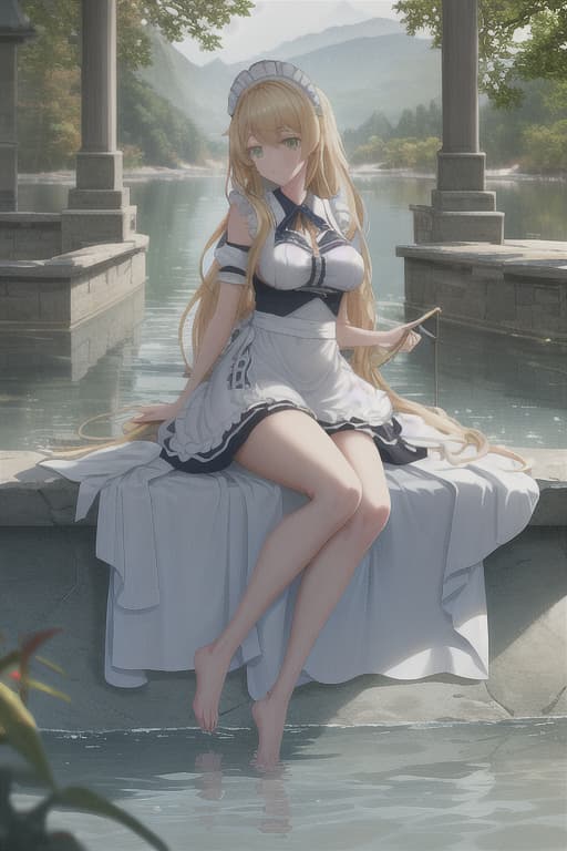  (score 9,score 8 up,score 7 up,),1girl,solo,maid,maid headdress,looking at viewer,outdoor,lake,apron,blonde hair,indoors,green eyes,bare foot,two feet in the water hyperrealistic, full body, detailed clothing, highly detailed, cinematic lighting, stunningly beautiful, intricate, sharp focus, f/1. 8, 85mm, (centered image composition), (professionally color graded), ((bright soft diffused light)), volumetric fog, trending on instagram, trending on tumblr, HDR 4K, 8K