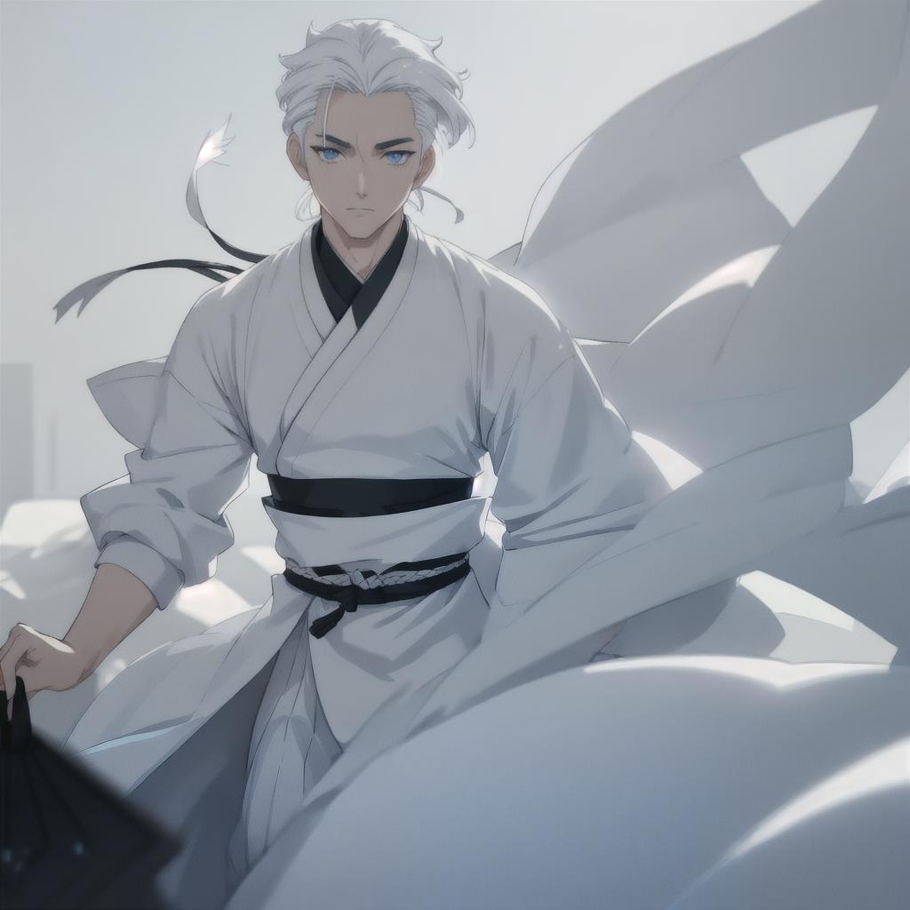  (anime cartoon man), (caucasian ethnicity, pale skin), young, wide body, blue eyes, slicked back hair, white hair, samurai clothing hyperrealistic, full body, detailed clothing, highly detailed, cinematic lighting, stunningly beautiful, intricate, sharp focus, f/1. 8, 85mm, (centered image composition), (professionally color graded), ((bright soft diffused light)), volumetric fog, trending on instagram, trending on tumblr, HDR 4K, 8K