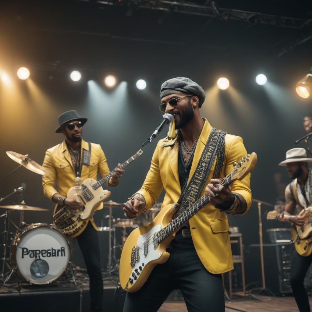  A rock band with a banana guitarist, banana bassist, and banana drummer playing on stage. hyperrealistic, full body, detailed clothing, highly detailed, cinematic lighting, stunningly beautiful, intricate, sharp focus, f/1. 8, 85mm, (centered image composition), (professionally color graded), ((bright soft diffused light)), volumetric fog, trending on instagram, trending on tumblr, HDR 4K, 8K