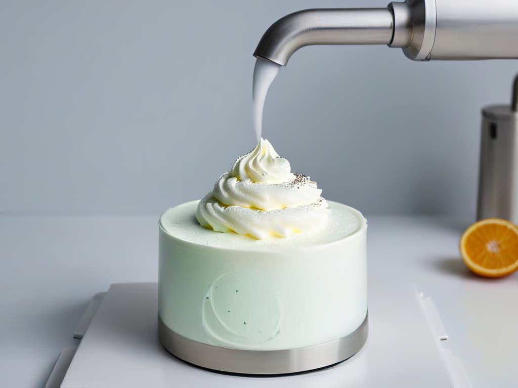  A closeup, ultradetailed image of a sleek, stainless steel siphon dispenser filled with fluffy, perfectly whipped cream, with tiny air bubbles visible throughout the cream. The dispenser is set against a clean, white background, emphasizing its modern design and the light, airy texture of the whipped cream. hyperrealistic, full body, detailed clothing, highly detailed, cinematic lighting, stunningly beautiful, intricate, sharp focus, f/1. 8, 85mm, (centered image composition), (professionally color graded), ((bright soft diffused light)), volumetric fog, trending on instagram, trending on tumblr, HDR 4K, 8K