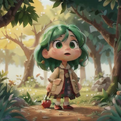  "Generate an image of a startled young woman named Lina under an apple tree with hanging green apples, sunlight streaming through the leaves, and a bit of dirt splattered on the ground.", best quality, very detailed, high resolution, sharp, sharp image, extremely detailed, 4k, 8k hyperrealistic, full body, detailed clothing, highly detailed, cinematic lighting, stunningly beautiful, intricate, sharp focus, f/1. 8, 85mm, (centered image composition), (professionally color graded), ((bright soft diffused light)), volumetric fog, trending on instagram, trending on tumblr, HDR 4K, 8K