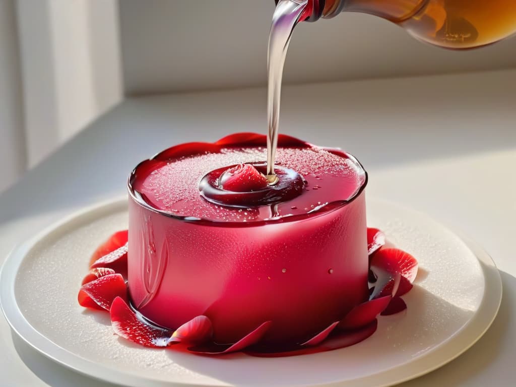  An intricate, minimalistic closeup image of a delicate rose petal being gently infused into a goldenhued syrup, with droplets of water cascading down its velvety surface, capturing the essence of incorporating oriental flavors like rose water into sweet desserts. hyperrealistic, full body, detailed clothing, highly detailed, cinematic lighting, stunningly beautiful, intricate, sharp focus, f/1. 8, 85mm, (centered image composition), (professionally color graded), ((bright soft diffused light)), volumetric fog, trending on instagram, trending on tumblr, HDR 4K, 8K