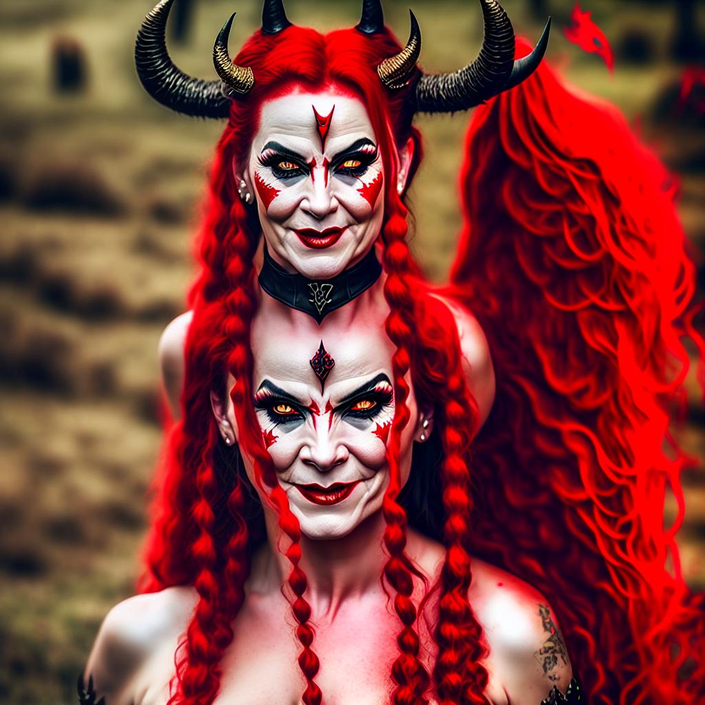  smirking red devil woman with horns pitchfork and tail