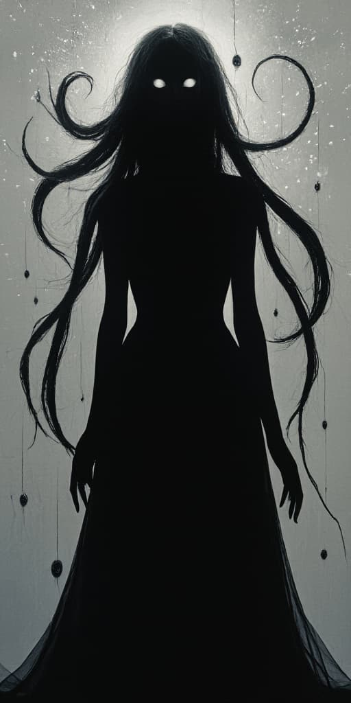  detail, photo, cinscene, dreamwalking all solid black silhouette with white eyes and long hair, multiple floating eyes hanging around and tentacles coming out from the back an eldritch god with a figure of a human, background slightly darker shade of grey with a cosmic touch