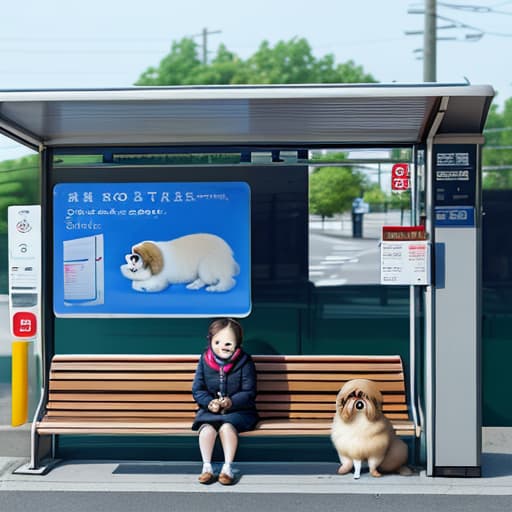  make an image of an pekingese waiting at the bus stop，