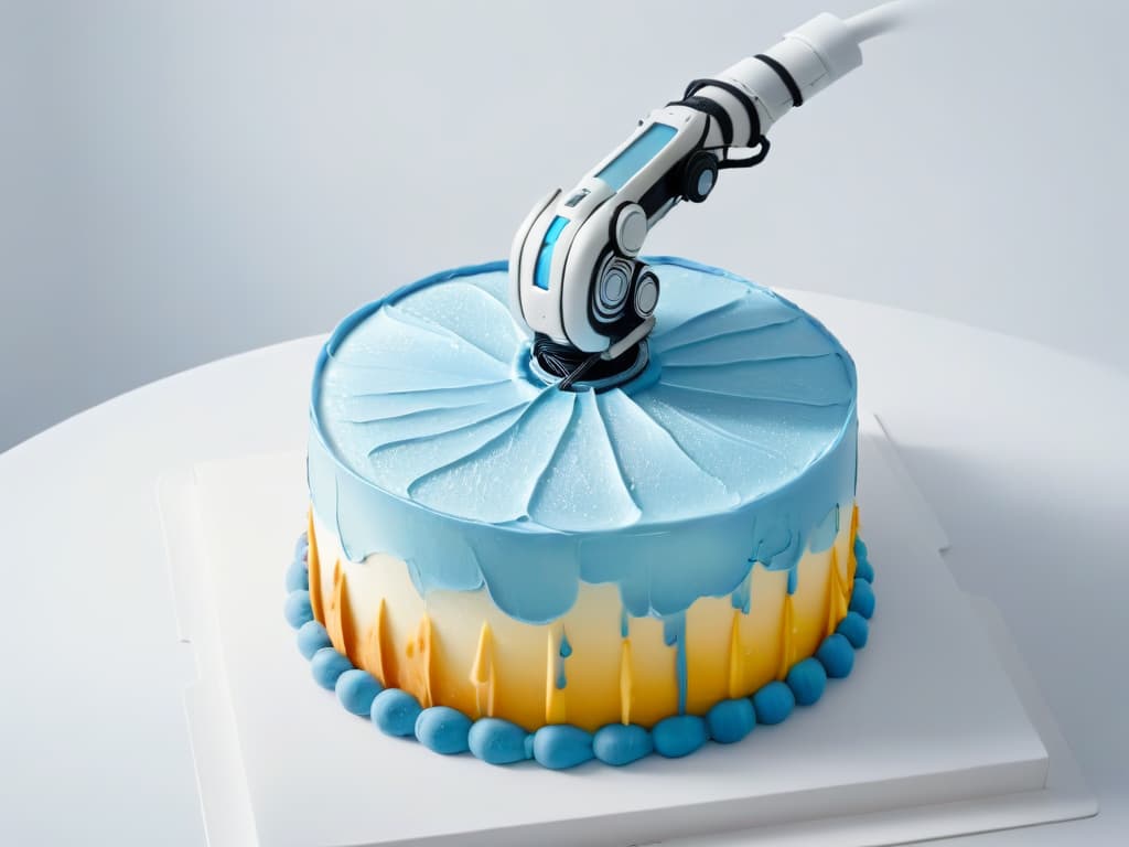  An ultradetailed, 8k resolution image of a sleek, modern robotic arm delicately piping intricate frosting designs onto a perfectly crafted cake, set against a clean, white background. The robotic arm is precise and efficient, showcasing the future of baking technology in a visually striking and minimalist manner. hyperrealistic, full body, detailed clothing, highly detailed, cinematic lighting, stunningly beautiful, intricate, sharp focus, f/1. 8, 85mm, (centered image composition), (professionally color graded), ((bright soft diffused light)), volumetric fog, trending on instagram, trending on tumblr, HDR 4K, 8K