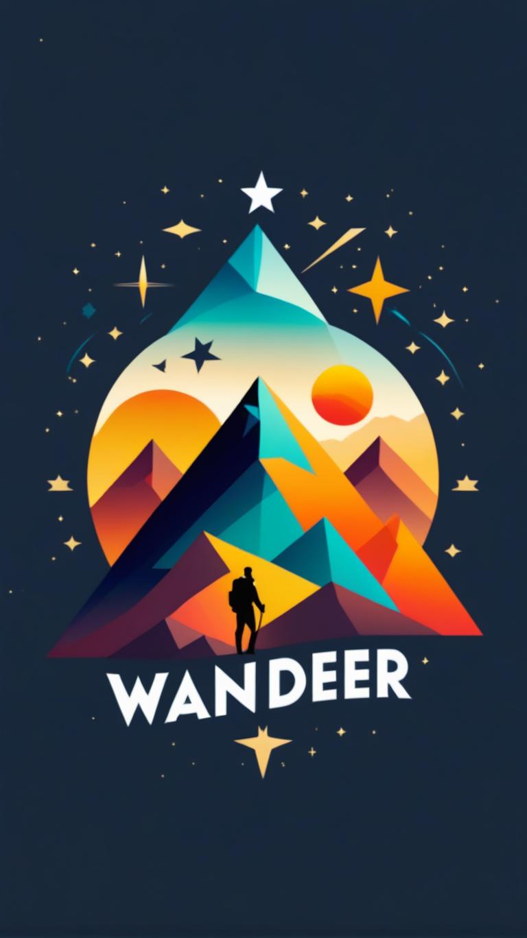  Logo, (geometric style), „Wanderer“ Berggipfel im Sonnenuntergang, Sterne, klares Logo