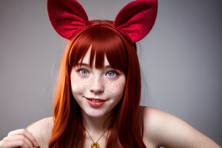  1girl, animal ears, closed mouth, fake animal ears, freckles, lips, long hair, looking at viewer, portrait, rabbit ears, red hair, smile, solo