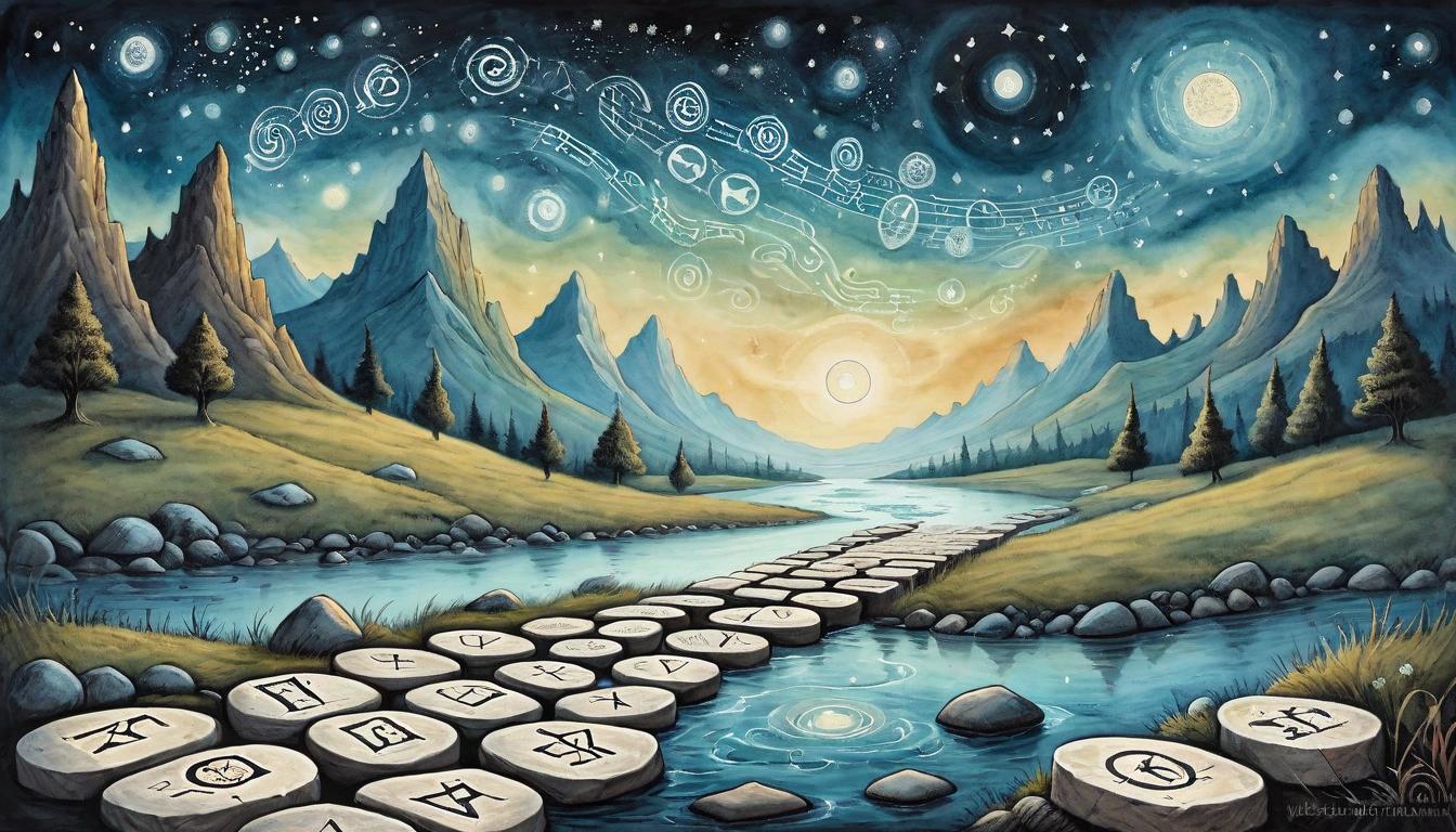  on parchment, surrealism+++, Stepping stones leading across a tumultuous river, under a starlit sky, each stone carved with ancient runes, glowing faintly, guiding the way to a mystical mountain in the distance, metaphor for transforming challenges into opportunities, path to enlightenment, journey of growth, ethereal guidance(mysterious, provocative, symbolic,muted color)+++