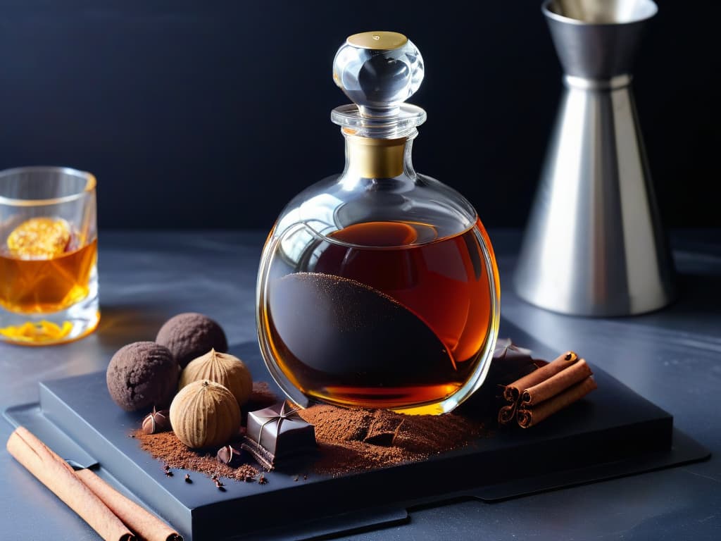  A closeup, ultradetailed image of a elegant crystal decanter filled with ambercolored premium liquor, surrounded by a few plump vanilla beans, fresh cinnamon sticks, and glossy dark chocolate truffles on a sleek, black marble countertop. The light overhead casts a warm glow, emphasizing the rich hues and textures of the ingredients, creating a luxurious and sophisticated ambiance perfect for crafting adultthemed desserts. hyperrealistic, full body, detailed clothing, highly detailed, cinematic lighting, stunningly beautiful, intricate, sharp focus, f/1. 8, 85mm, (centered image composition), (professionally color graded), ((bright soft diffused light)), volumetric fog, trending on instagram, trending on tumblr, HDR 4K, 8K