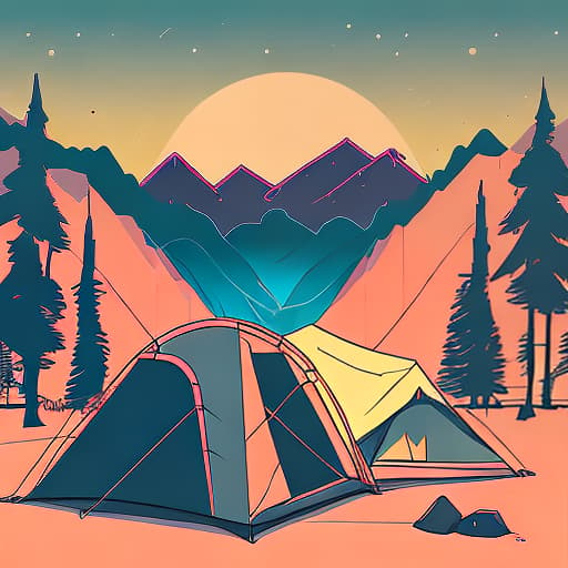 nvinkpunk Whimsical mountains with trees, camping tent and fire