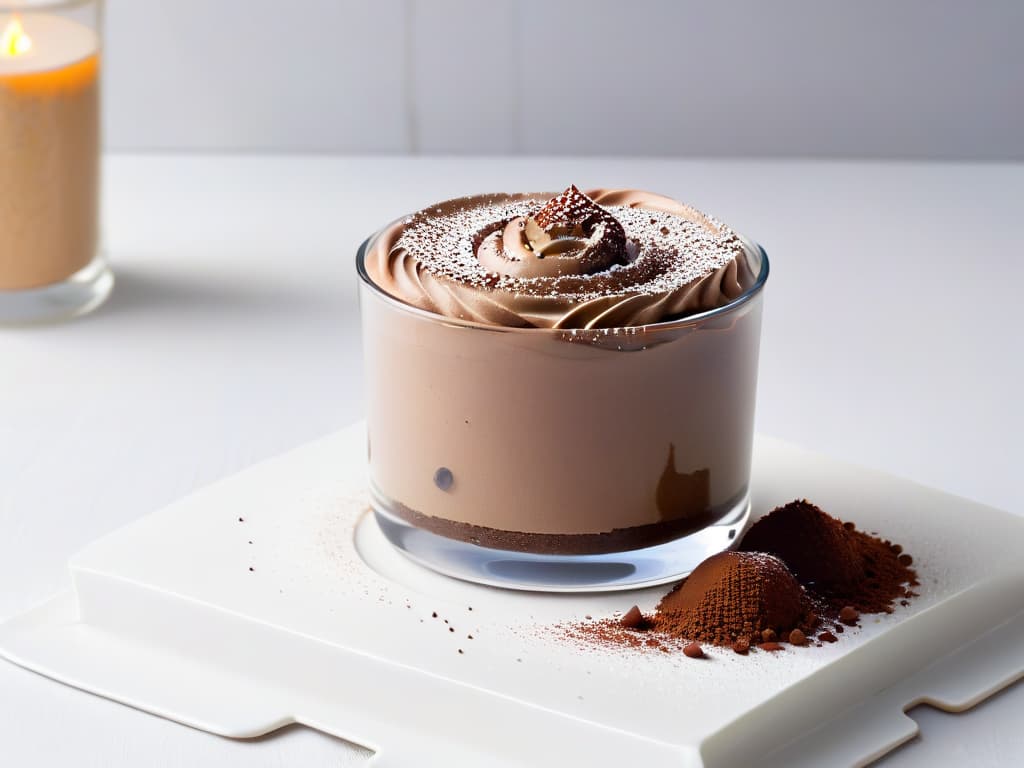  A closeup, ultradetailed image of a rich and creamy chocolate mousse in a sleek, modern glass dessert cup. The mousse is perfectly smooth and topped with a sprinkle of cocoa powder, with tiny air bubbles visible to showcase its light and airy texture. The background is a soft focus to highlight the dessert, emphasizing its luxurious and indulgent qualities while maintaining a minimalist aesthetic. hyperrealistic, full body, detailed clothing, highly detailed, cinematic lighting, stunningly beautiful, intricate, sharp focus, f/1. 8, 85mm, (centered image composition), (professionally color graded), ((bright soft diffused light)), volumetric fog, trending on instagram, trending on tumblr, HDR 4K, 8K