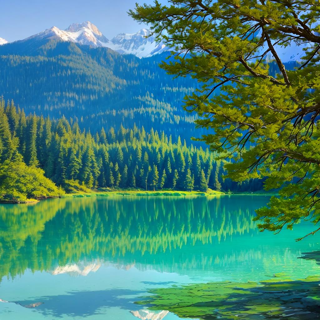  as a painting, Convey the serene majesty of towering mountains reflected in the crystal-clear waters of a tranquil alpine lake, using your unique artistic vision to evoke a sense of awe and tranquility.