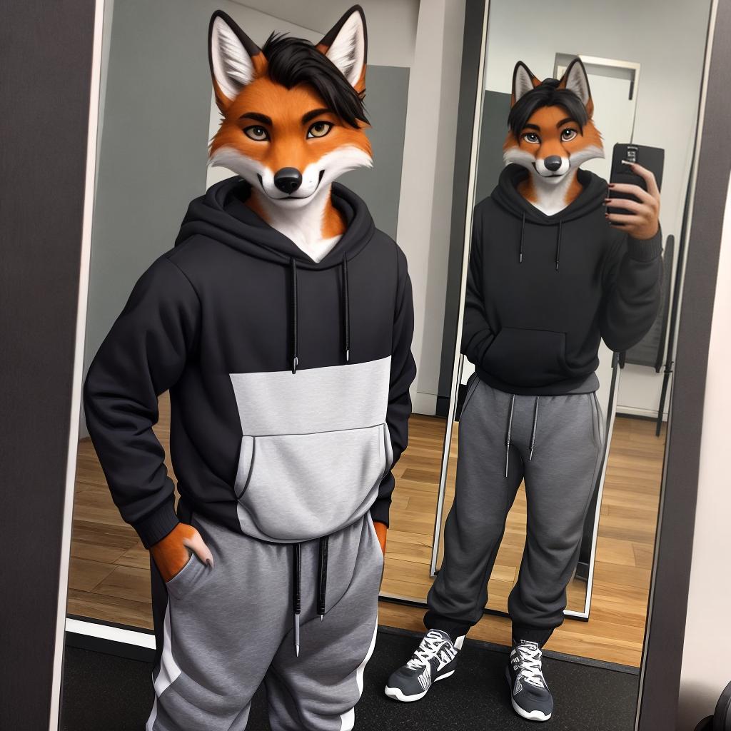  as a cinematic render, Anthro male fox, sweatshirt, sweatpants, in a gym, selfie, in mirror, smiling, full length portrait hyperrealistic, detailed clothing, 4K, 8K